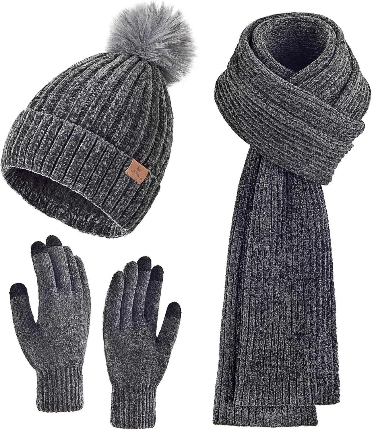 Womens Winter Beanie Hat Scarf Touchscreen Gloves Set Knit Warm Skull Caps Long Neck Scarves for Women Men