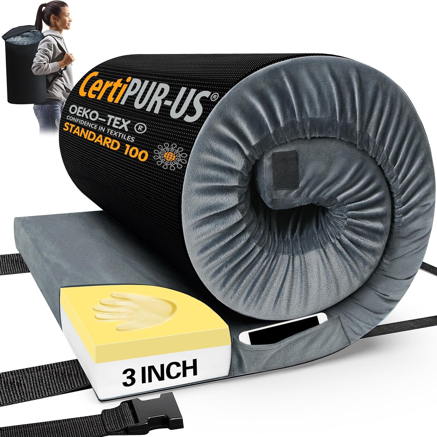 Memory Foam Camping Mattress Pad, Certipur-Us Sleeping Mat, Portable Roll up Mattress for Adults, Camping Bed Pads for Sleepover, Car Bed with Travel Bag