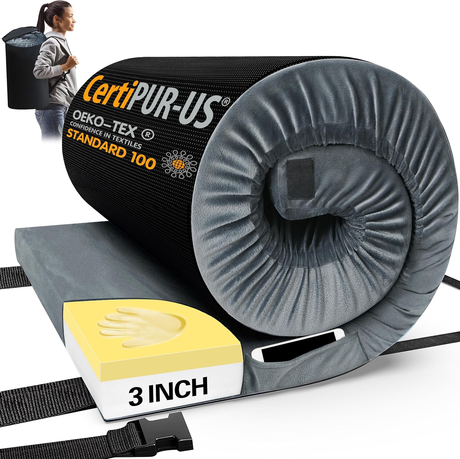 Memory Foam Camping Mattress Pad, Certipur-Us Sleeping Mat, Portable Roll up Mattress for Adults, Camping Bed Pads for Sleepover, Car Bed with Travel Bag