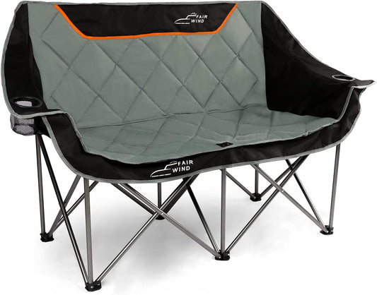 Oversized Fully Padded Camping Chair Folding Loveseat Camping Couch Double Duo Chair Heavy Duty Quad Fold Arm Chair with Cup Hold - Supports 650 LBS Black