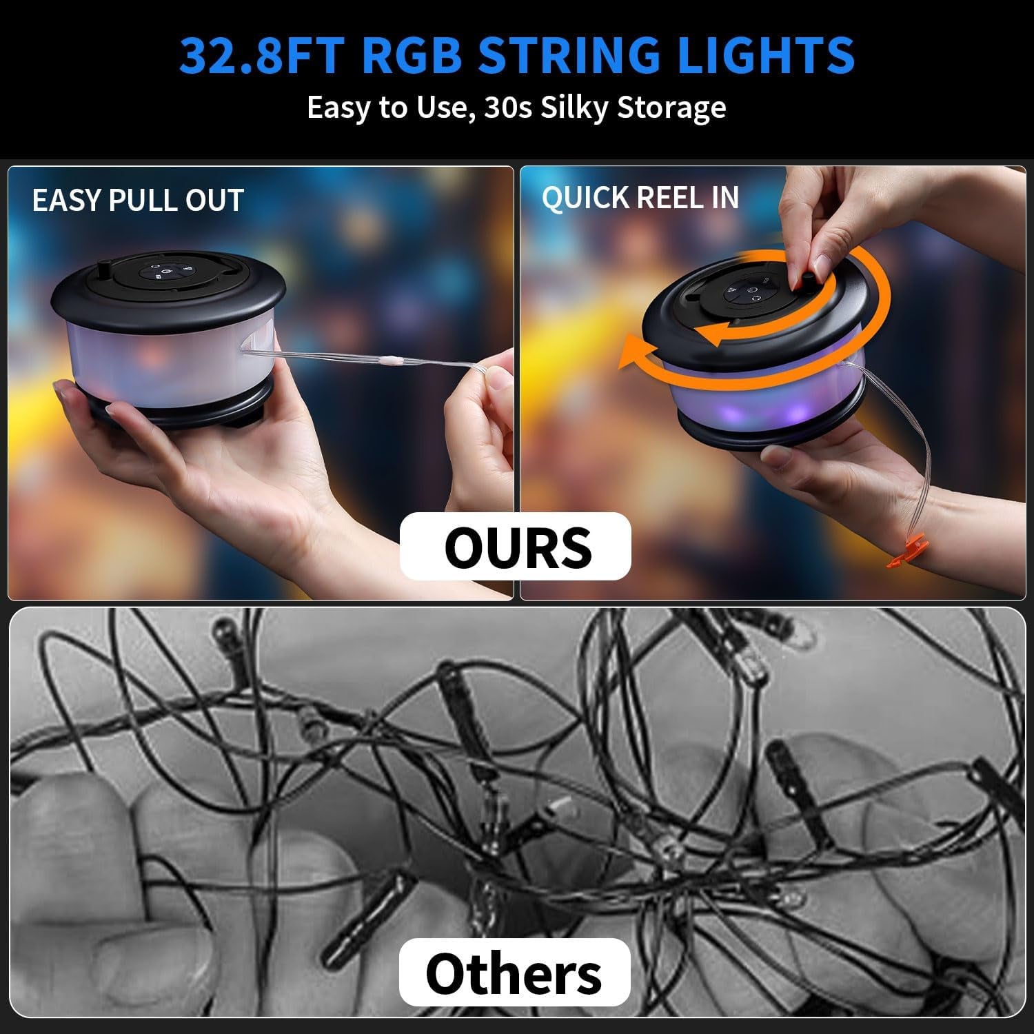 Camping String Lights,2 in 1 Upgraded 32.8FT Rechargeable Tent Lights String with 19 Lighting Modes,Quick Storage Camping Lights，Portable LED Lamp for Bedroom Yard Decor Christmas Camping(Black)