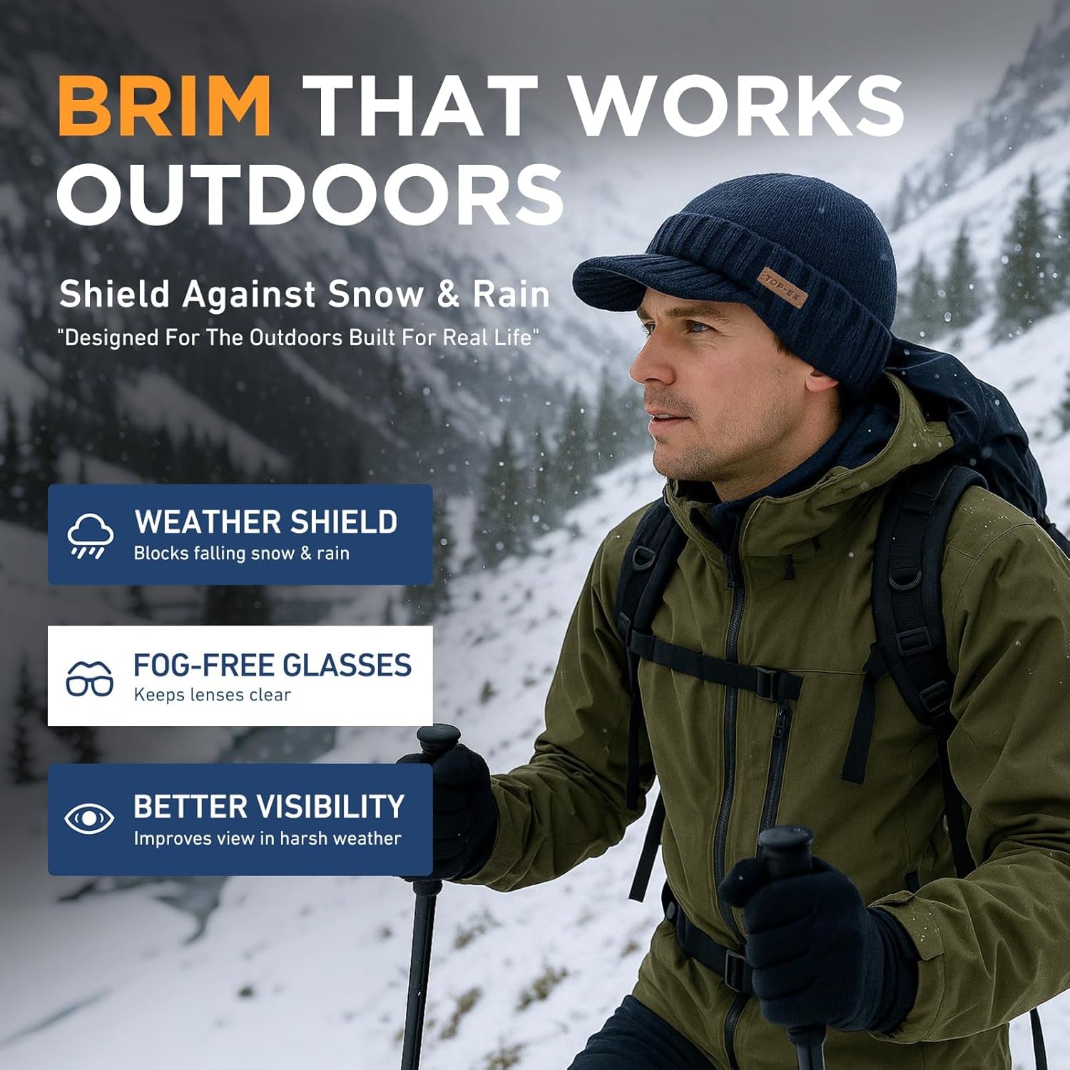 Dryknit™ Waterproof M/L XL/XXL Fleece Lined Beanie with Brim, Merino Wool Warm Cold Weather Visor Cap