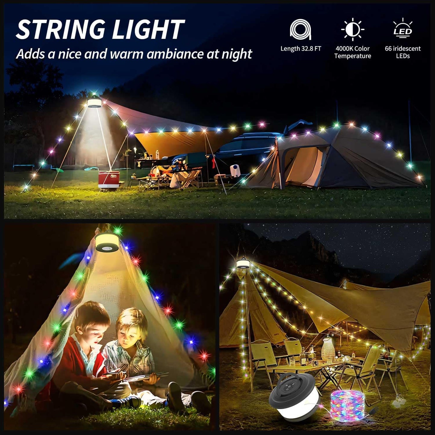 Camping String Lights,2 in 1 Upgraded 32.8FT Rechargeable Tent Lights String with 19 Lighting Modes,Quick Storage Camping Lights，Portable LED Lamp for Bedroom Yard Decor Christmas Camping(Black)