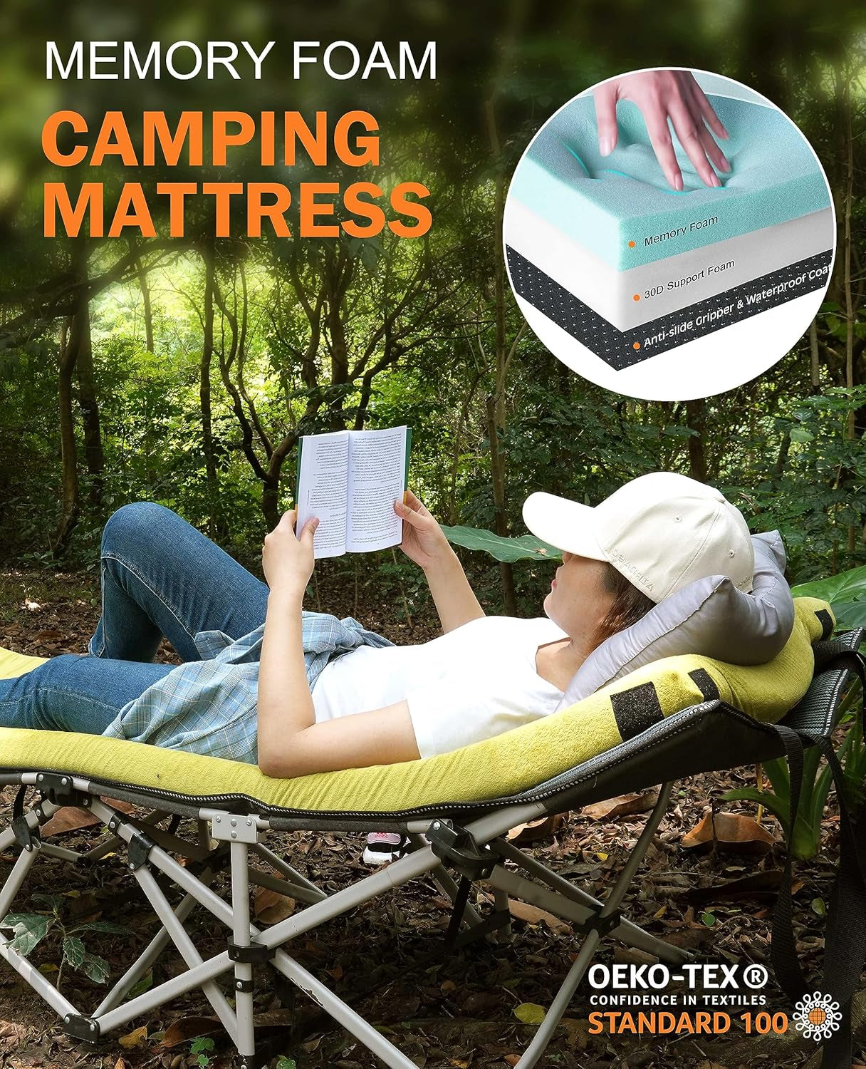 3 Inch Memory Foam Camping Mattress, Dual Layer Thick Sleeping Camp Pad for Car Tent Cot, Roll-Up Portable Glamping Floor Bed for Guests Sleepover
